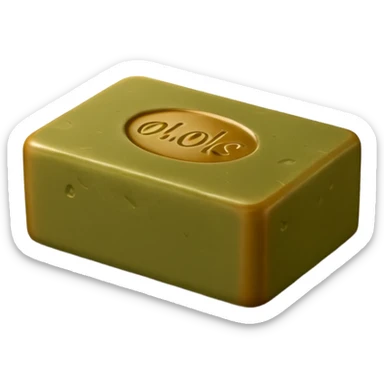 rustic matte soap block, rectangular or cube-shaped, warm olive green or brown, slightly irregular edges, subtle embossed stamp, no foam or packaging, soft lighting, subtle shadows, emoji scale sticker