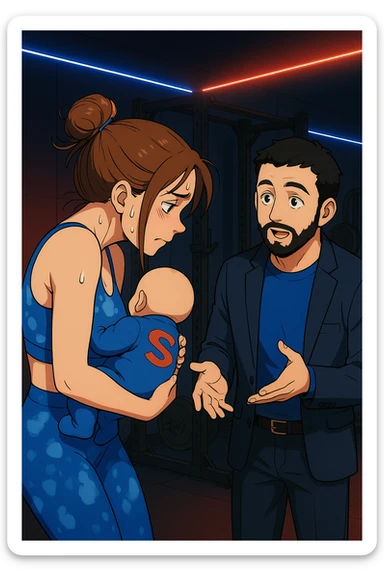 ispirati a questo stile di disegno e fai questa immagine in versione manga/webtoon a colori, il manga mostra la donna preoccupata di profilo con la postura sbagliata e incurvata, spalle chiuse e curve in avanti, con un neonato in braccio con una tutina azzurra e la scritta "S" sulla schiena, spina dorsale storta della donna in evidenza mentre ascolta l'uomo mentre l'uomo gli sta spiegando una cosa, ma non fare i fumetti, fai come se stessero parlando sticker