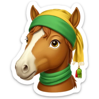 a fabulous funny winter horse in a green bandana hat with a yellow scarf sticker