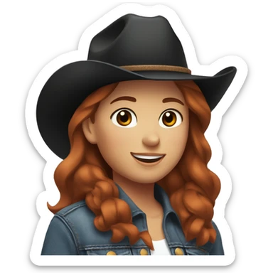 Girl with short red hair, with brown eyes, smiling, wearing a denim jacket and black shirt and brown cowgirl hat, with a brown horse next to her with a white spot on her forehead. sticker