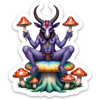 Baphomet sitting on a tiedye mushroom sticker
