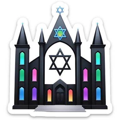jewish synagogue temple in dark goth aesthetic style with black building and very light rainbow tint glass windows and star of david and celestial symbolism sticker