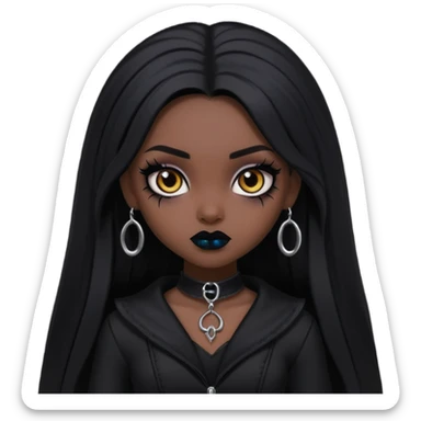 dark skin, goth bratz baddie, beautiful brown eyes, gothic black makeup, long black hair, black gothic hair styled, black goth clothes sticker