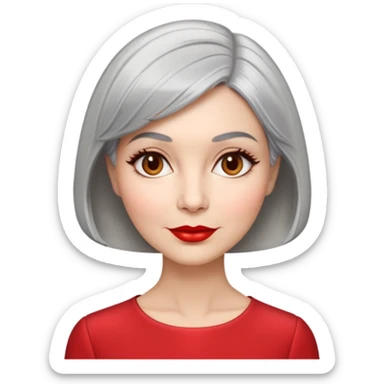 Sophisticated 70s woman with silver-gray bob cut, fair skin, almond eyes, distinctive cheekbones, wearing red lipstick and red blouse, warm friendly expression sticker