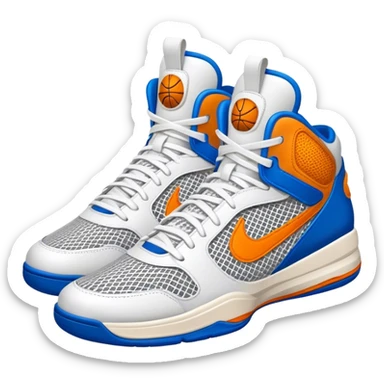 Cinematic Realistic image of a pair of basketball sneakers featuring detailed mesh and leather textures, vibrant color accents and dynamic design lines, illuminated by bold, high-energy arena lighting sticker