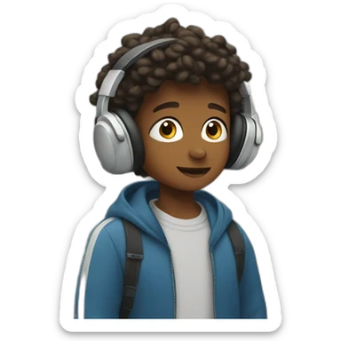 young boy listening to audio and travels the city sticker