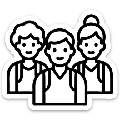 group of diverse students, modern look, thin black outlining, green gold and white color scheme, rounded shapes, simple design sticker