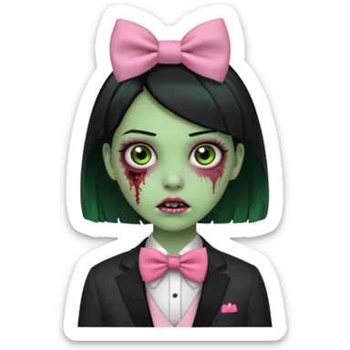 zombie green skin girl, black hair with pink bow tie sticker