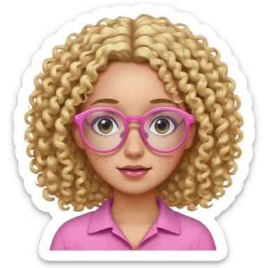 Innocent blonde woman with black eyes, curly hair and light skin and pink glasses and freckles  sticker