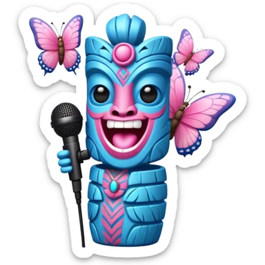 Cartoon Blue and pink tiki singing with butterfly and mikrophone sticker