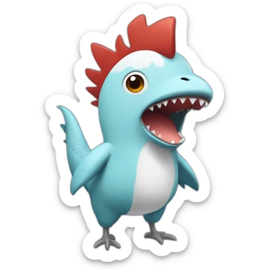 rooster wearing a onesie with a shark-head sticker