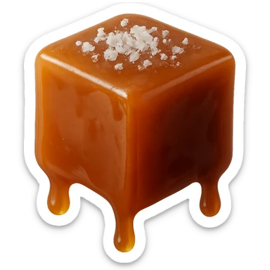 realistic cube-shaped caramel toffee piece, glossy, with drops of caramel dripping off, no face, no cartoon or drawn style, with a hint of sea salt on top sticker