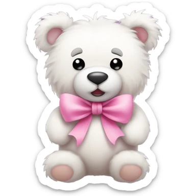 white fluffy teddy bear wearing a pink bow and holding a pink hart sticker