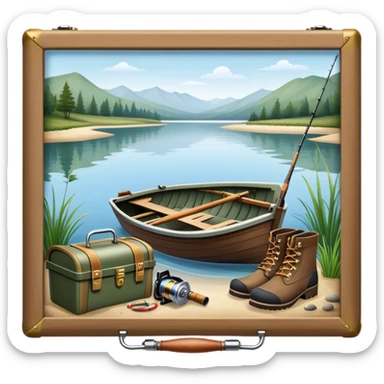 Icon for Fishing: a boat on the shore of a peaceful water body with a beautiful natural landscape, a fishing tackle box, a spinning rod, and boots nearby. The icon should capture the tranquility and gear of a fishing adventure. Transparent background. sticker