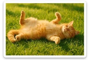 ginger cat rolling on its back in grass, summer, relaxed, fluffy belly sticker