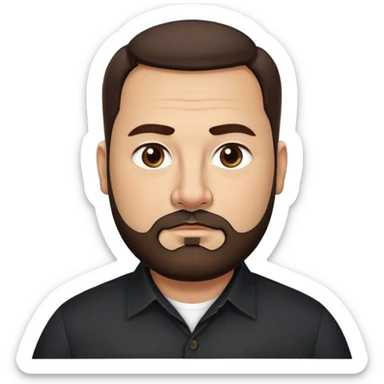 Very stocky businessman in his 40s with light brown skin, pear-shaped face (wider at bottom), full cheeks, medium dark brown eyes, thick eyebrows, wide nose, professional expression, short full beard, short dark hair, wearing a black button-up shirt sticker