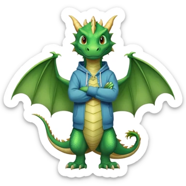 friendly anthropomorphised green dragon in a hoodie and jeans standing upright with arms folded sticker