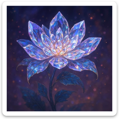 A crystal flower, delicate petals made of translucent gemstone, sparkling with light, in a magical fantasy style. sticker