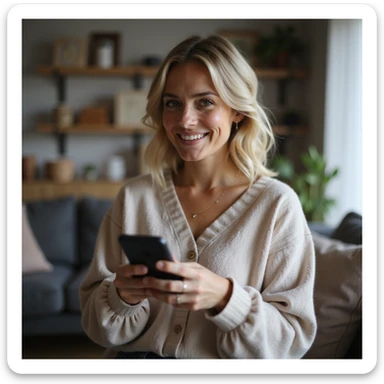 a happy blonde woman using a smartphone for online shopping, photorealistic style, cozy living room sticker