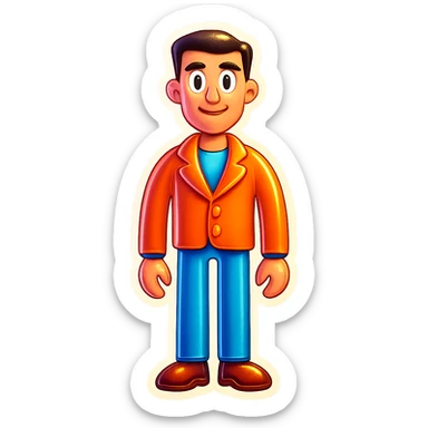 Add a shirt and trousers to the tall, thin man emoji, keep the style and friendly expression, no background. sticker