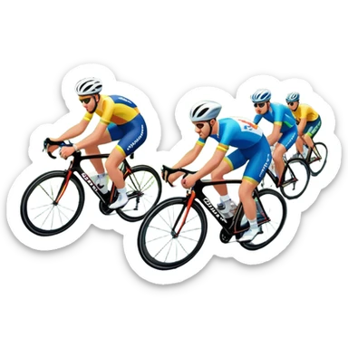 A dynamic icon of a professional cycling race. Cyclists in colorful jerseys speed along a winding road, their bikes leaning into the turn. The background showcases rolling green hills, a bright blue sky, and cheering crowds along the roadside. The scene radiates energy and motion.  sticker
