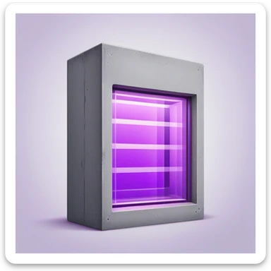Minimalist gray concrete panel building with one window glowing bright purple from grow lights inside, simple rectangular structure sticker