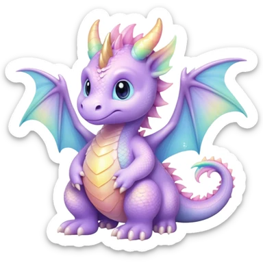 Cinematic fluffy pastel dragon, tiny round wings, chubby feet, sparkling gentle eyes, delicate glowing scales, soft colors blending magically, enchanting and whimsical. sticker