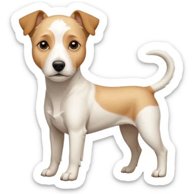 a full body facing front on of a buff white parson russell terrier looking dog the size of a kelpie with light brown long ears resting on its face and a light brown patch above one eye and a large snout. the rest of the dog is completely white.  sticker