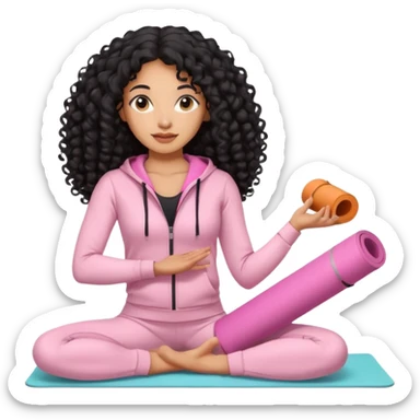 Mixed-race athletic woman with caramel skin, long black curly hair, wearing pastel pink tracksuit, holding a rolled yoga mat sticker