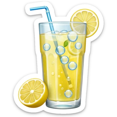 lemonade glass with bubbles, ice, and a lemon slice sticker