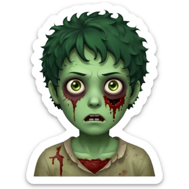 zombie character with green skin, messy short curly black hair, and no glasses. Give him large expressive eyes, a slightly frightened or eerie expression, subtle wounds, dark under-eye shadows, and a few cracks or dried blood marks on the face.  sticker