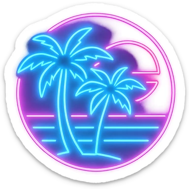 retro neon icon with Miami Vice City vibe, light pink and blue colors, palm trees, glowing 80s look, no text, vibrant and retro sticker