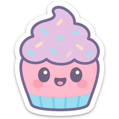 kawaii style cupcake, cute smiling face, pastel colors, big eyes, sprinkles, cheerful and sweet sticker