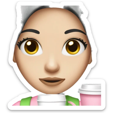 pretty woman with pale skin, very long black hair and green eyes and light pink outfit holding a pink coffee cup sticker