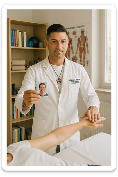 a middle-aged man, dressed in casual professional attire, is in a bright, organized therapy studio. Durante una visita di kinesiologia, il testimone tiene con una mano la foto di una persona lontana (il “testimone”) tiene la foto in mano, mentre con l’altra mano esegue un test muscolare su un cliente presente. Sullo sfondo si vedono libri di kinesiologia, poster anatomici e strumenti tipici della disciplina. L’atmosfera è concentrata e serena, con luce naturale che entra dalla finestra, sottolineando l’aspetto alternativo e umano della pratica. sticker