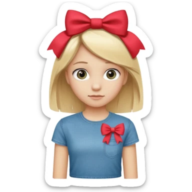 14 years old girl, with blonde hair, grey eyes. Wearing t-shirt and jeans. Wearing a bow sticker