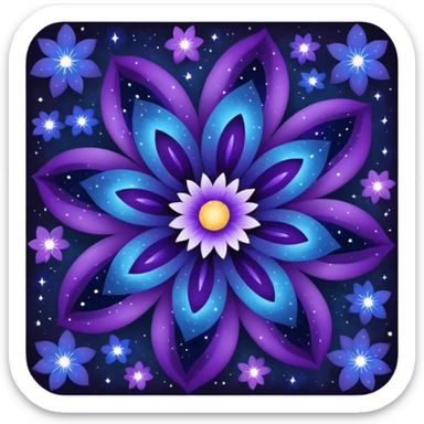 vibrant flower with petals resembling a galaxy nebula, deep blues and purples, scattered stardust sticker