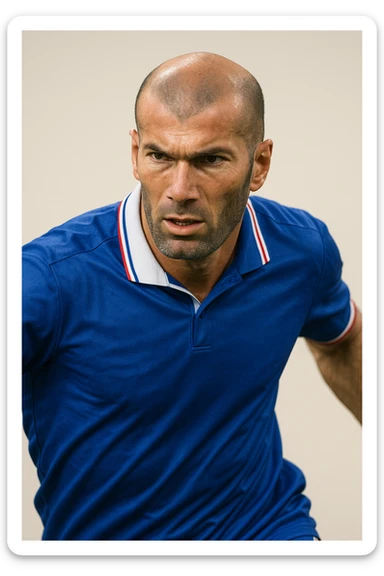 Zinedine Zidane, iconic French footballer, bald head, intense expression, blue jersey, in a dynamic pose, simple background sticker