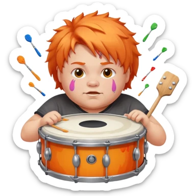 A chubby orange hair fan pounding a bass drum, cheeks puffing with energy with paints on his cheeks sticker