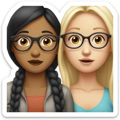 two girls kissing with black hair for both one with tan skin and glasses the other girl with pale skin   sticker