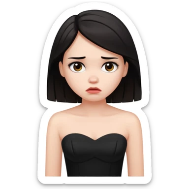 WOMAN WITH WHITE SKIN, DARK HAIR WEARING BLACK STRAPLESS DRESS LOOKING UPSET  sticker