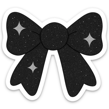 Make the sparkling bow black with glitter details, playful and stylish, no background. The style should be elegant and festive with shimmering texture and vibrant glitter details. sticker