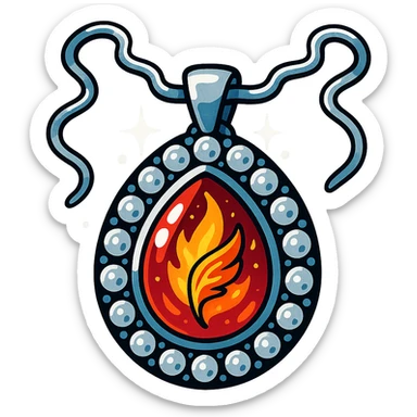 A teardrop ruby pendant with fiery light, a tiny phoenix feather emerging, haloed by shimmering white stones, and a silver chain like liquid moonlight sticker