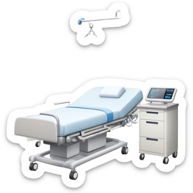 Hospital sleep laboratory with hospital bed, sleep monitoring equipment, medical staff, EEG monitors, and hospital room features sticker