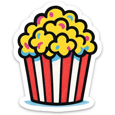 popcorn in a classic red and white striped box, vibrant, playful, suitable for an emoji or icon sticker