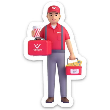 Verizon worker with a stack of perks: lunch box, movie tickets, and a mug sticker
