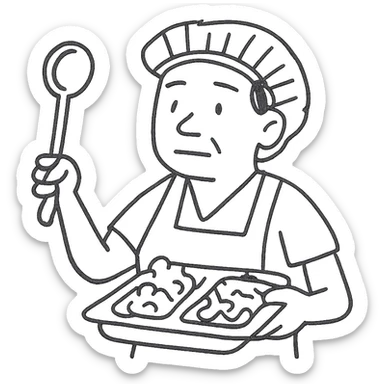 hand-drawn outlined icon of a lunch lady holding a ladle and a tray of gross food sticker
