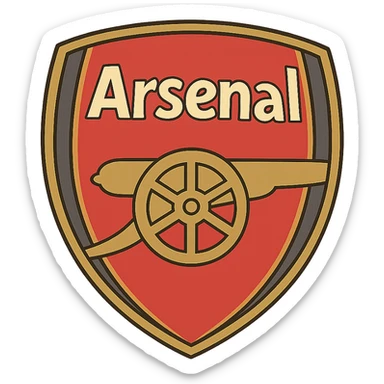 Arsenal football club emblem, stylized, geometric, red and gold, shield with cannon, contemporary logo design sticker