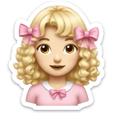 Blonde, pale girl with bangs and curly, long hair with pink bows  sticker