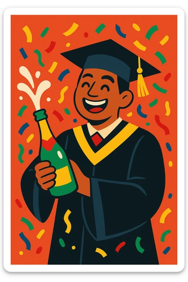 happy Mexican graduate, confetti raining down, popping a champagne bottle, celebratory and colorful atmosphere sticker